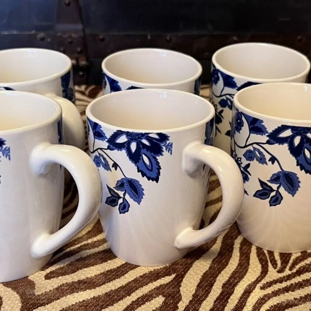NEW Set of 6 Wild Flowers Blue & White Ceramic Coffee Tea Mug